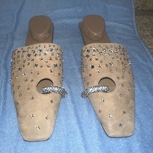 Tory Burch Taupe Suede Crystal-Embellished Mules